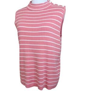 TALBOTS Sleeveless Sweater Large Light Mock Neck Soft Cotton Blend Pink Stripes‎